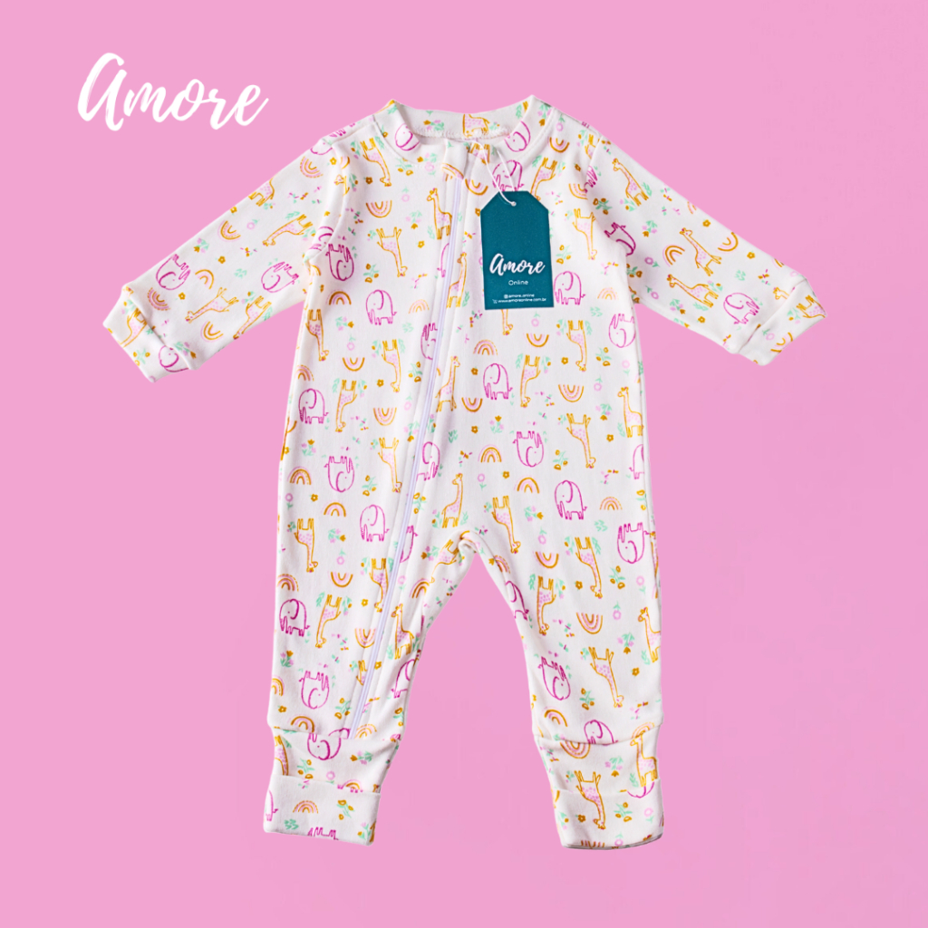 Macacão de Bebê Longo Amore Vira Pé Elefantinha Rosa Com Zíper 100% Algodão em Oferta na Shopee