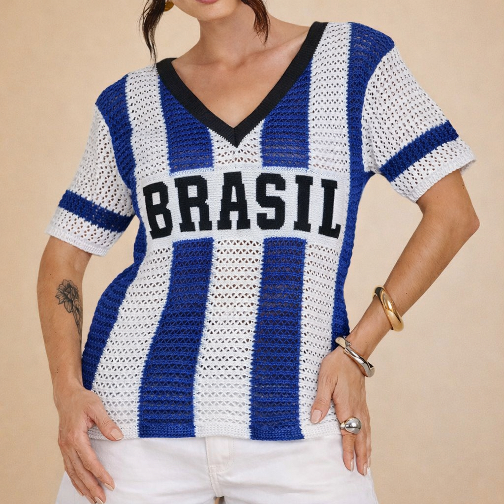 Blusa Feminina Tricô Brasil Manga Curta Fio Crochê Peneirado Decote V Moda Copa Do Mundo