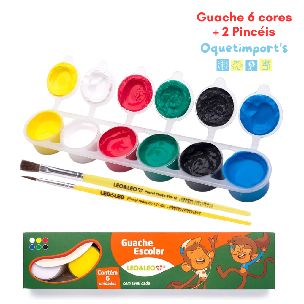 Tinta Guache Escolar Pote 6 Cores + 2 Pincéis Leo e Leo Não Tóxico