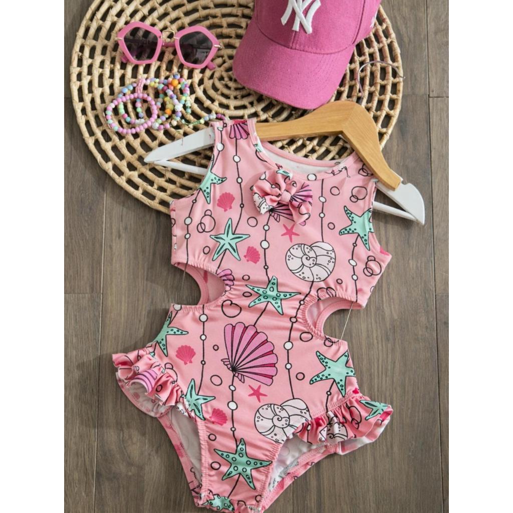 Maiô Infantil Rosa Estampado Estrela do Mar com Recorte e Babado
