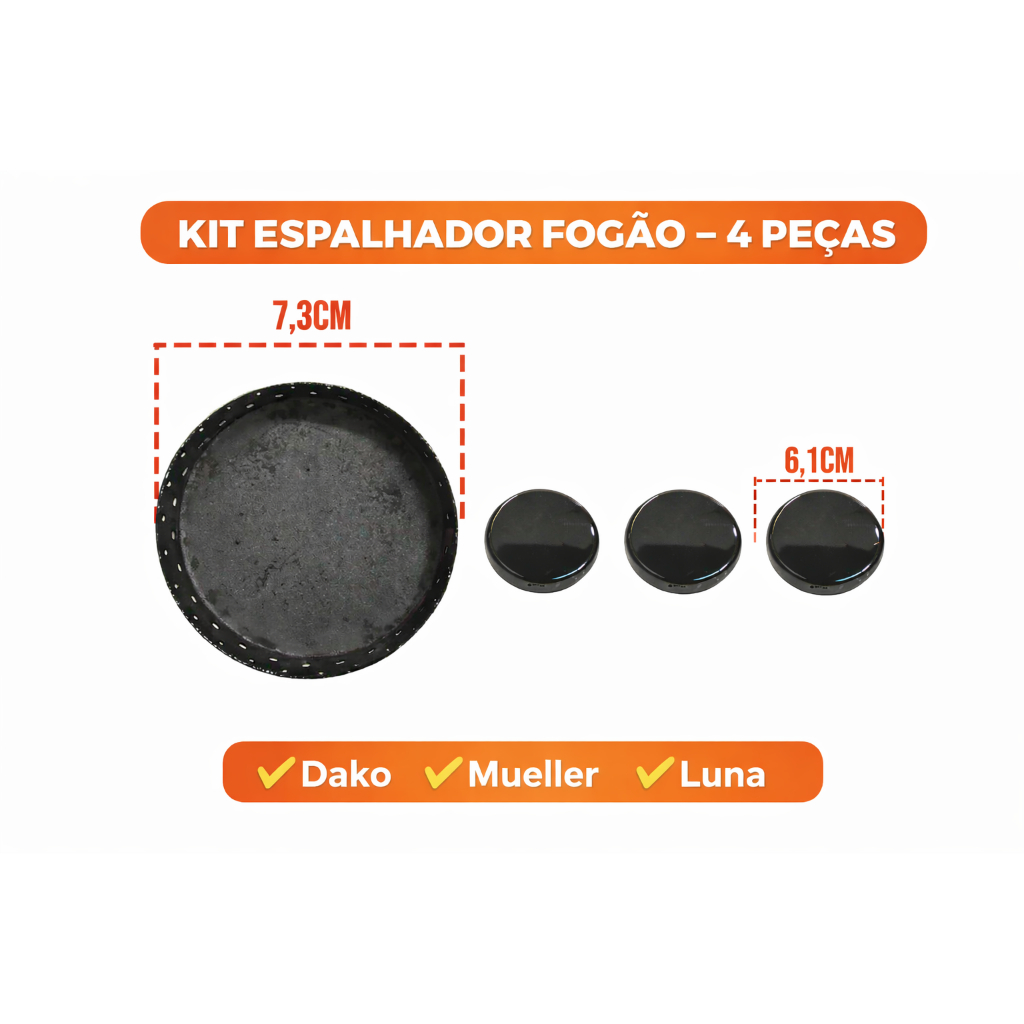 Kit Espalhador Fogão Dako / Mueller / Luna 4 Peças – 1 Grande + 3 Pequenos Tampa Queimador Esmaltado