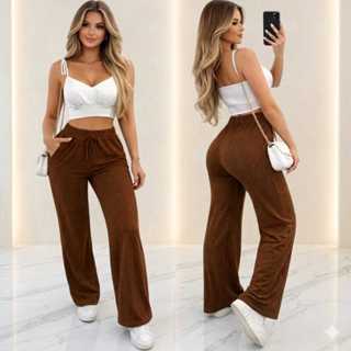 Calça Pantalona De Lazinha Feminina Cintura Alta Com Bolso Super Quetinho Pra Inverno em Oferta na Shopee