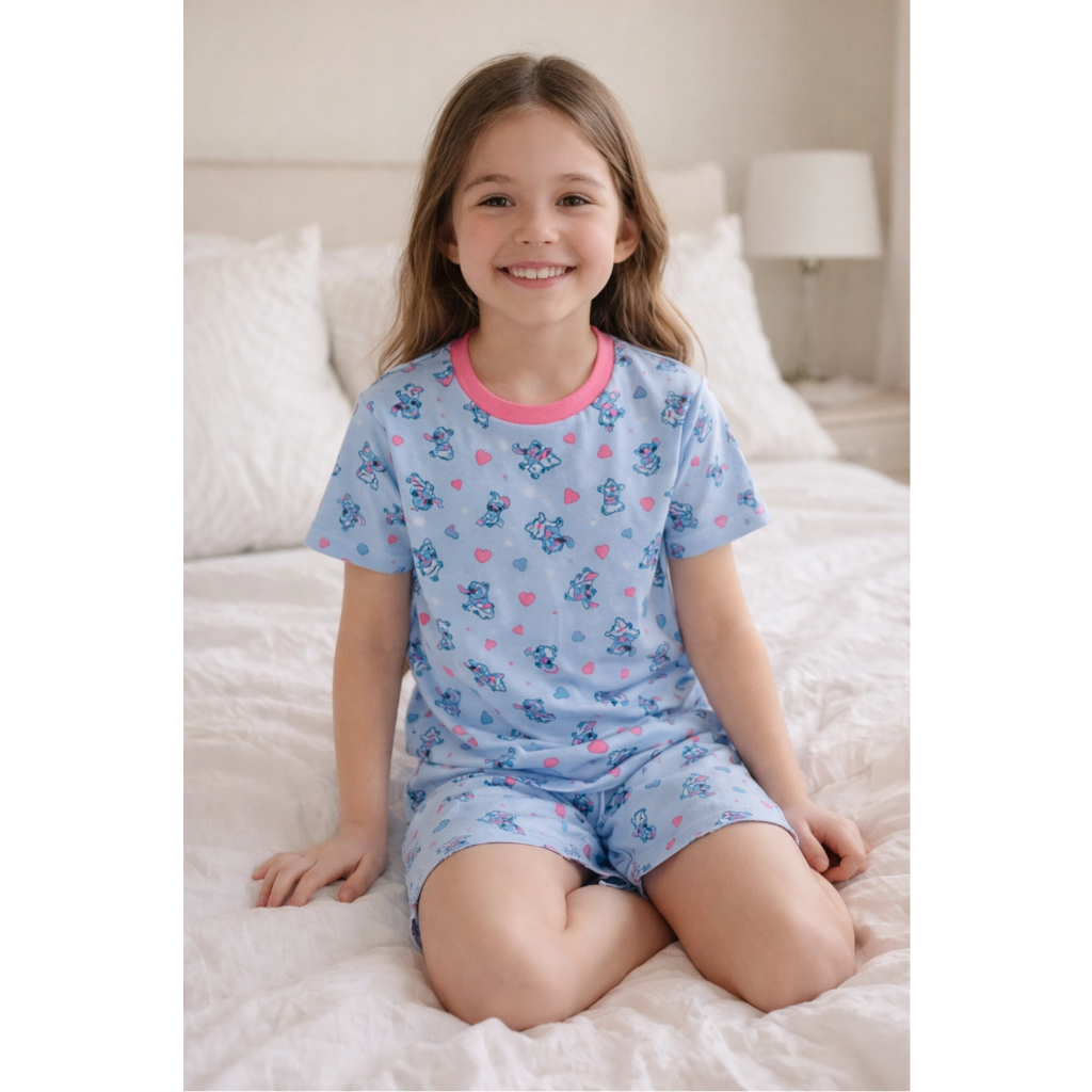 Pijama Feminino Cartoon Azul Conjunto Short e Camiseta Estampa Personagem Fofo Confortável