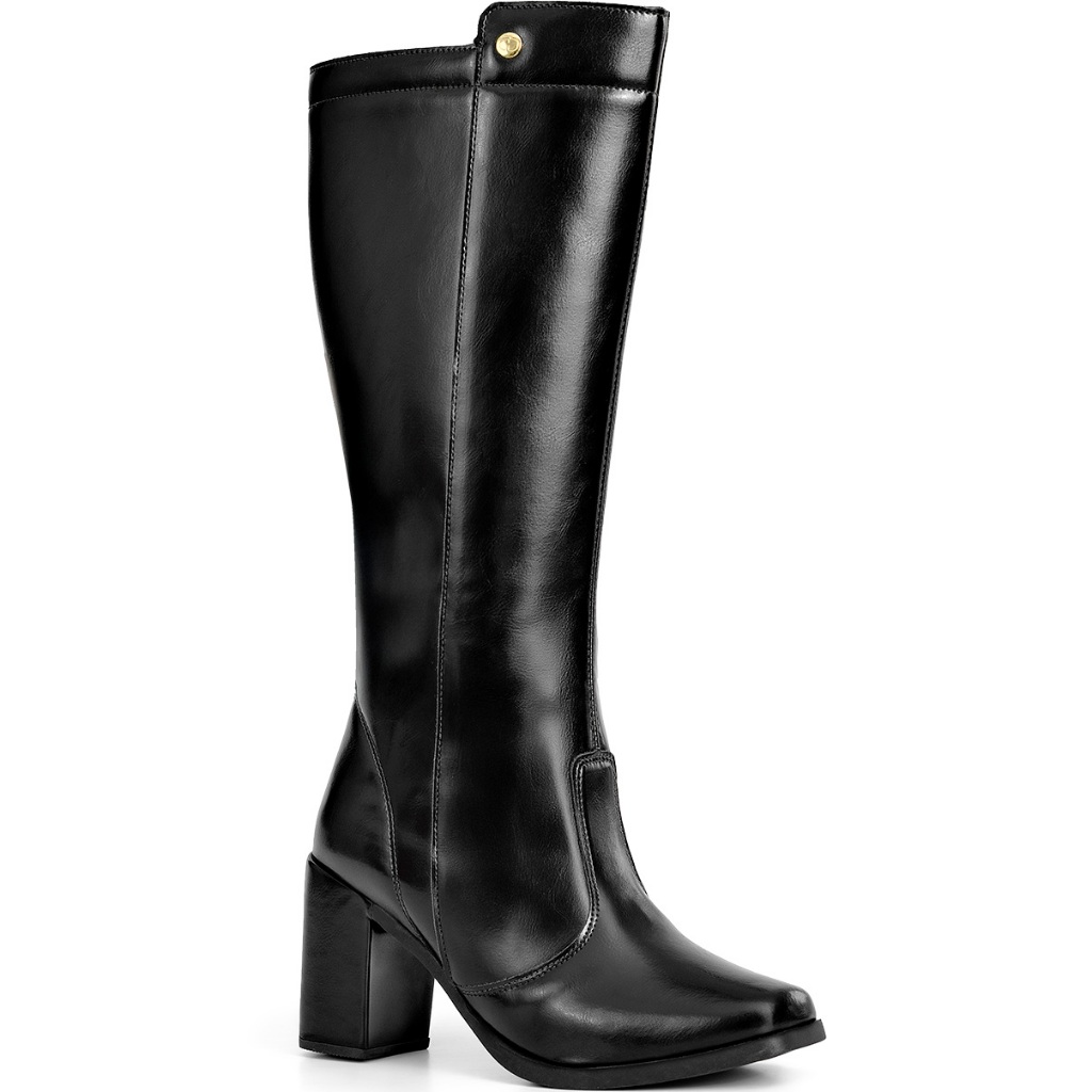 Bota Feminina Lumiss Cano Alto Salto Alto Bloco Confortável Bico Quadrado Preto em Oferta na Shopee