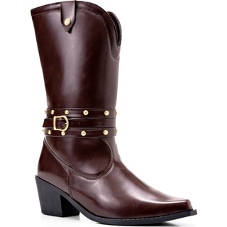 Bota Feminina Lumiss Country Western Cano Médio Salto Baixo Bico Fino Tachas Fivela em Oferta na Shopee