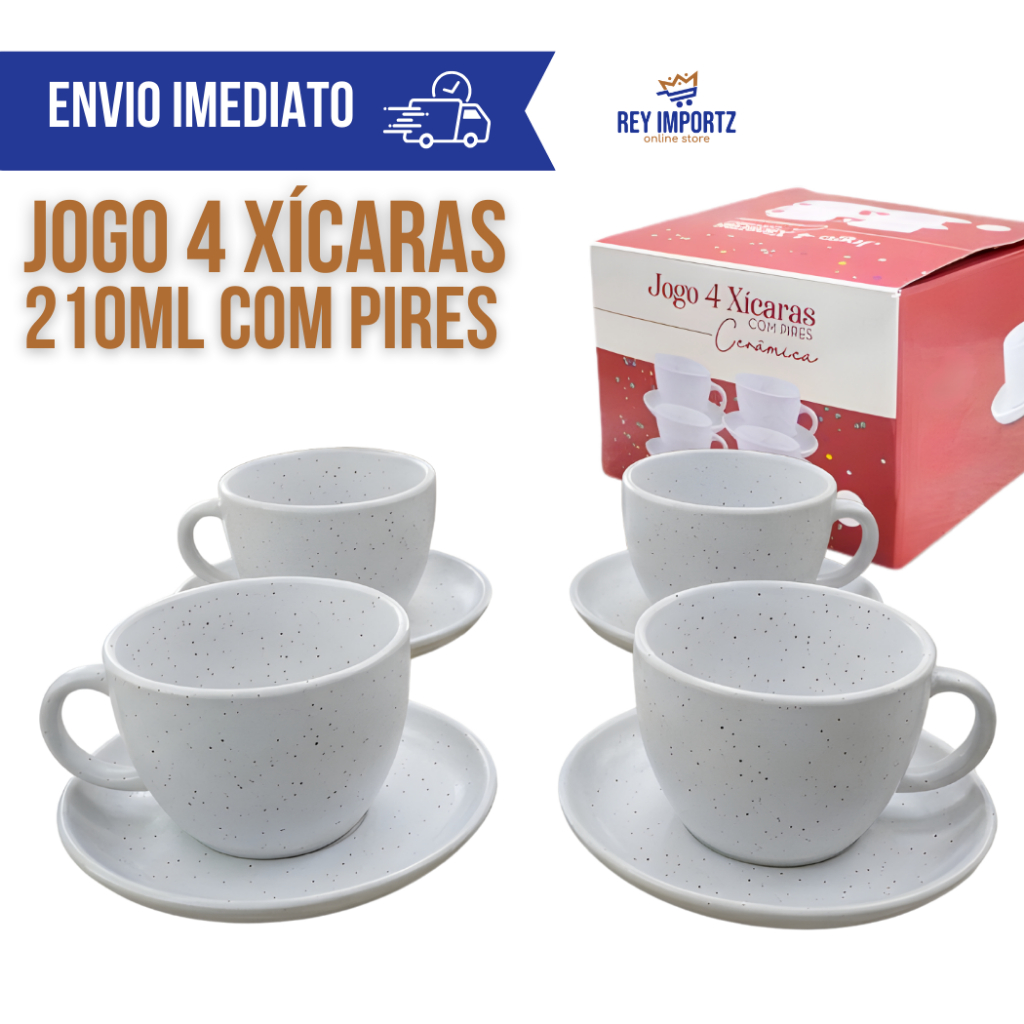 Jogo 4 Xícaras Chá Café 210ml com Pires Cerâmica Off White Moderna Mesa Posta Cappuccino Cafeteria