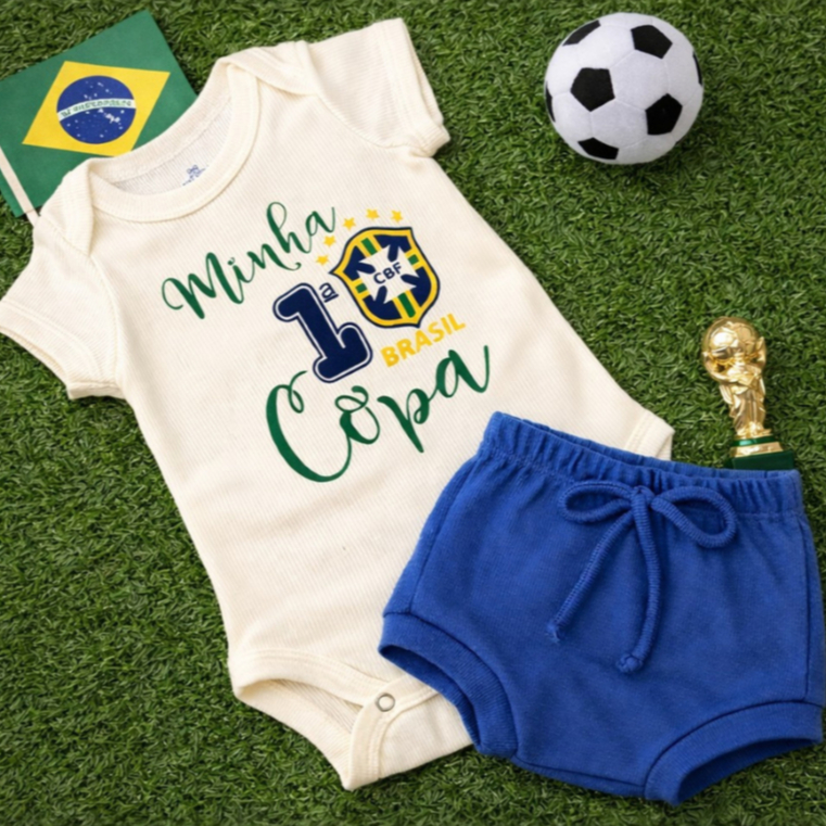 Conjunto Bebê Copa Brasil Body Canelado Manga Curta Com Tapa Fralda Roupa Infantil Torcida