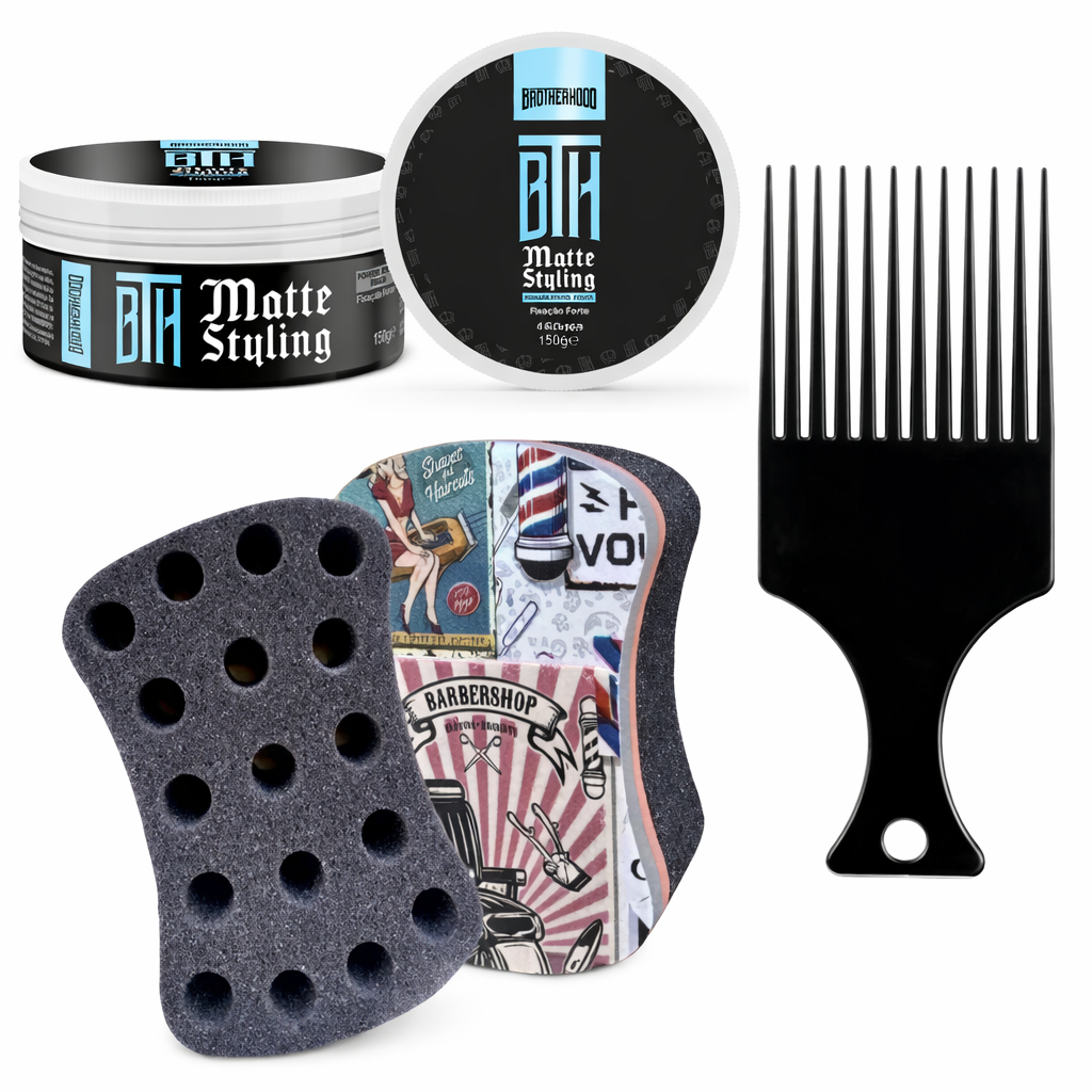Kit Afro Completo – Esponja Nudred, Pente Garfo e Pomada Modeladora