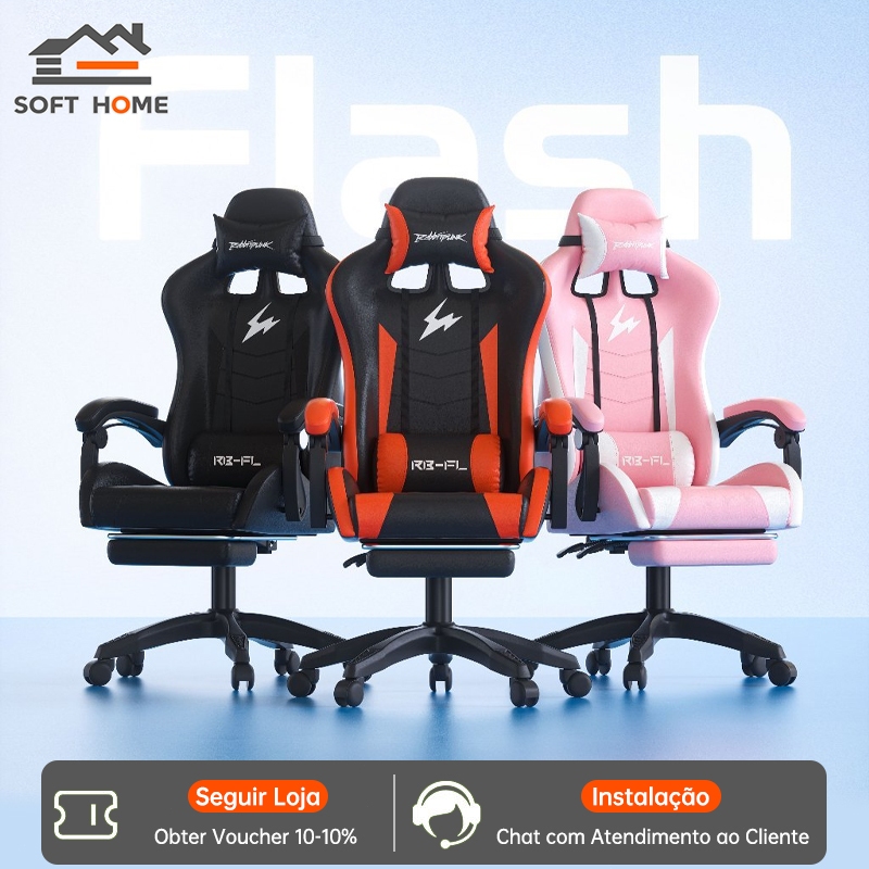 SOFTHOME Cadeira Gamer RB-FL Lightning Rabbit - Rosa e Branca - Reclinável 160° - Suporta 150kg - Com Apoio para Pés