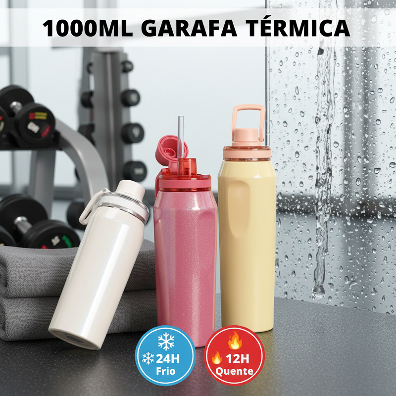 Belifou Garrafa Térmica Inox 1000ML/800ML/600ML Portátil Parede Dupla Quente e Frio Para Academia
