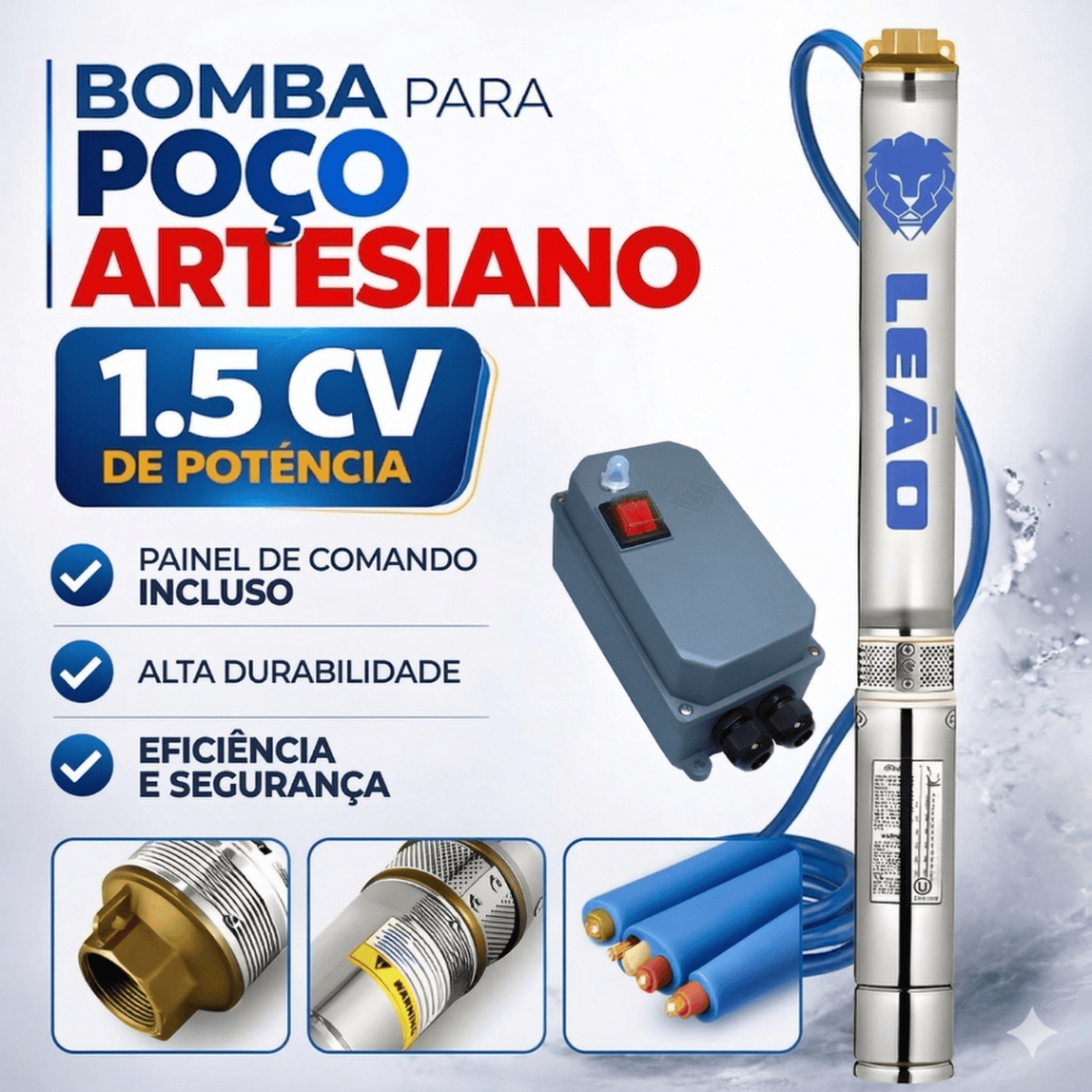 Bomba Leão Caneta Poço Artesiano 1,5cv 220v + Painel Partida Poço Até 140m