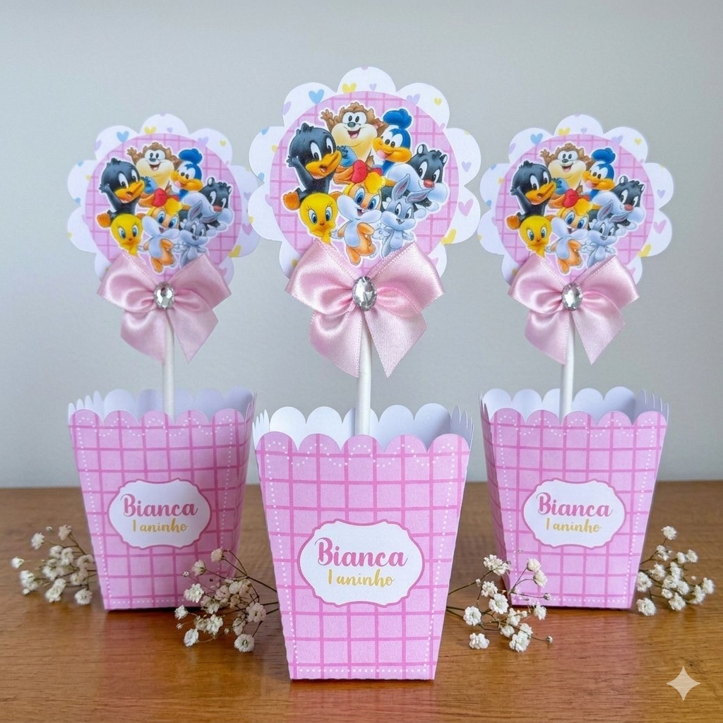 Centro de Mesa Personalizado Baby Looney Tunes Menina Rosa | Lembrancinha Aniversário