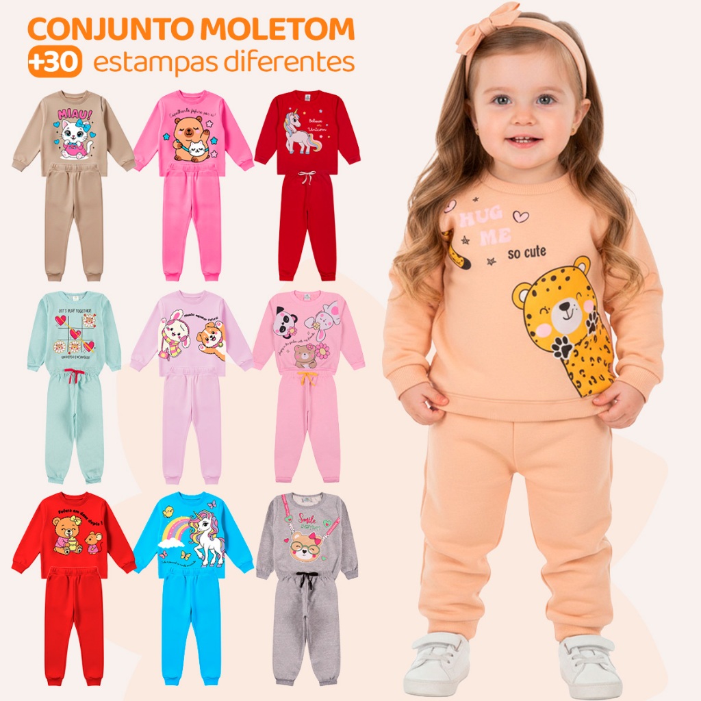 Kit Sortido 8 Peças de Roupas Feminino Infantil Inverno – 4 blusas casacos + 4 calças de 1 ao 10 – Kit 4 Conjuntos