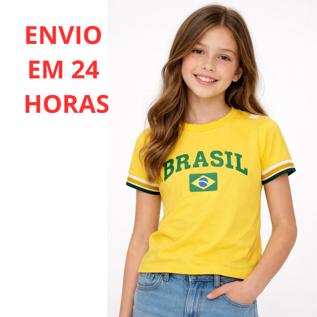 Blusa Baby Look Brasil Infantil Juvenil Camiseta Brasil Copa do Mundo Roupa Infantil Menina Brasil Moda Feminina