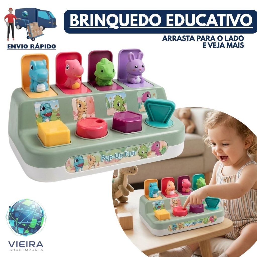 Brinquedo pop up caixa interativa educativa sensorial dinossauro botão de apertar esconde e procura montessori viagem