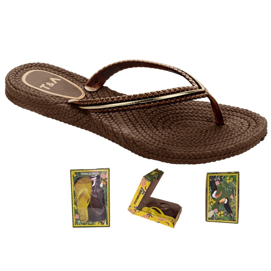 Chinelo Terra & Água Feminino Cancun Tira Trançada Filete Dourado Confortável Leve Original 240713