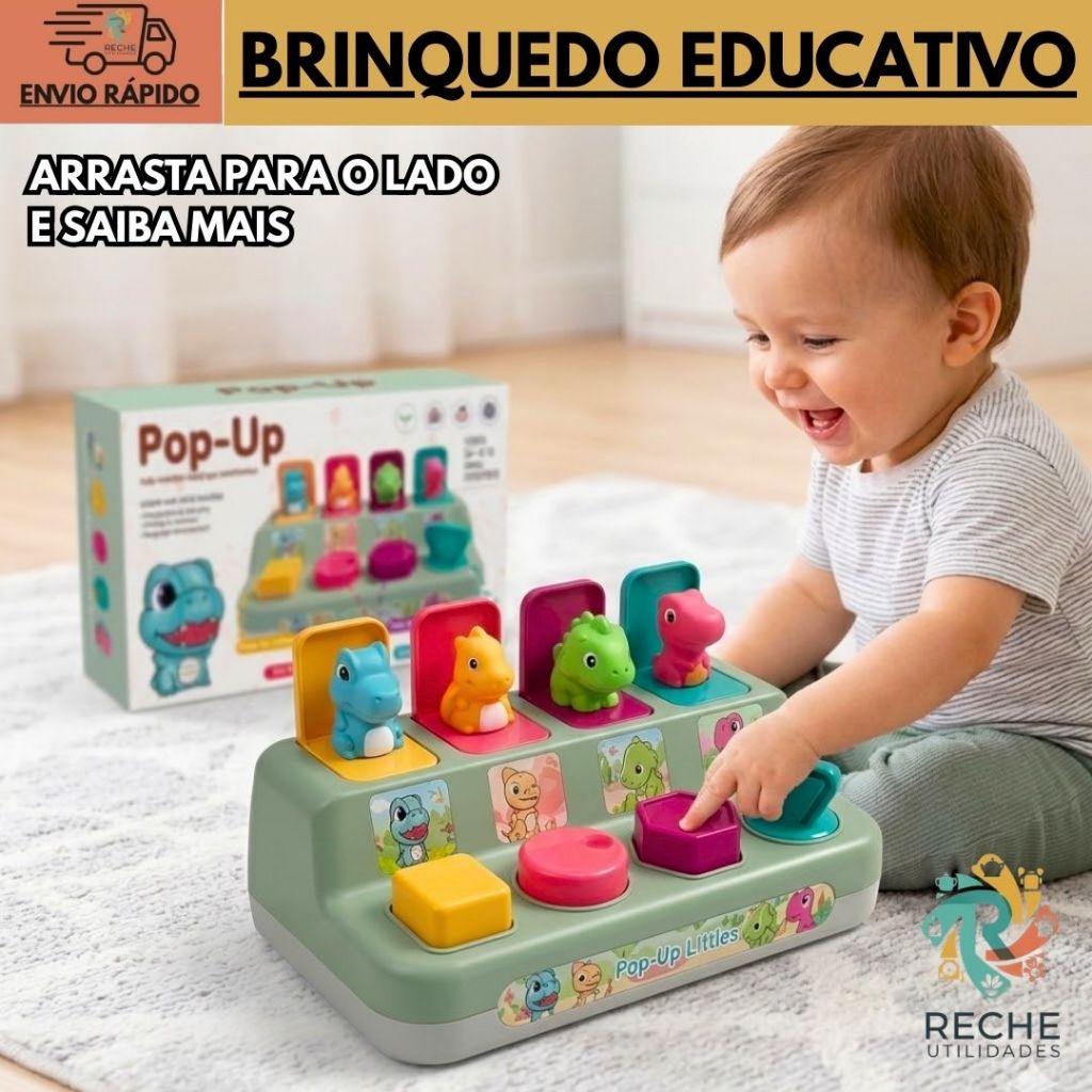 Brinquedo pop up caixa interativa educativa sensorial dinossauro botão de apertar esconde e procura montessori viagem