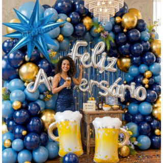 Kit Decoração Festa Aniversário 58 Peças Azul e Dourado Tema Cerveja Balões Metalizados Luxo MM-QQ2 em Oferta na Shopee
