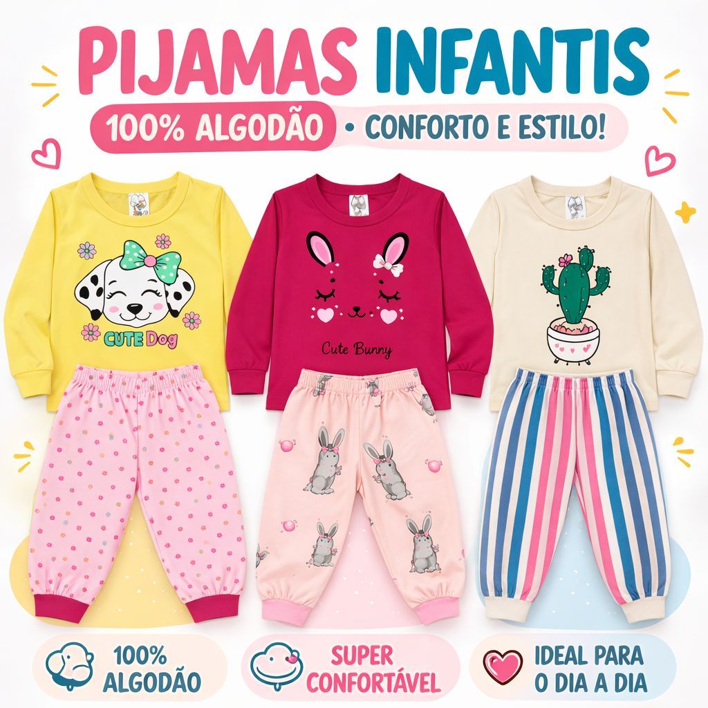 kit 4 Peças de Pijamas MENINA Infantil Inverno que Brilha no Escuro 2 Bluas + 2 Calças Tamanho 1 ao 8 anos