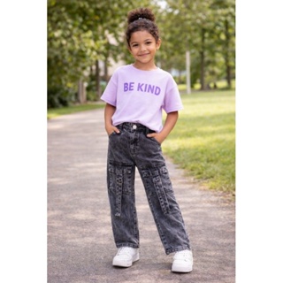 Calça Jeans Wide Leg Infantil Cargo bolso frontais Menina Cintura Ajustável Confortável Moda Kids em Oferta na Shopee