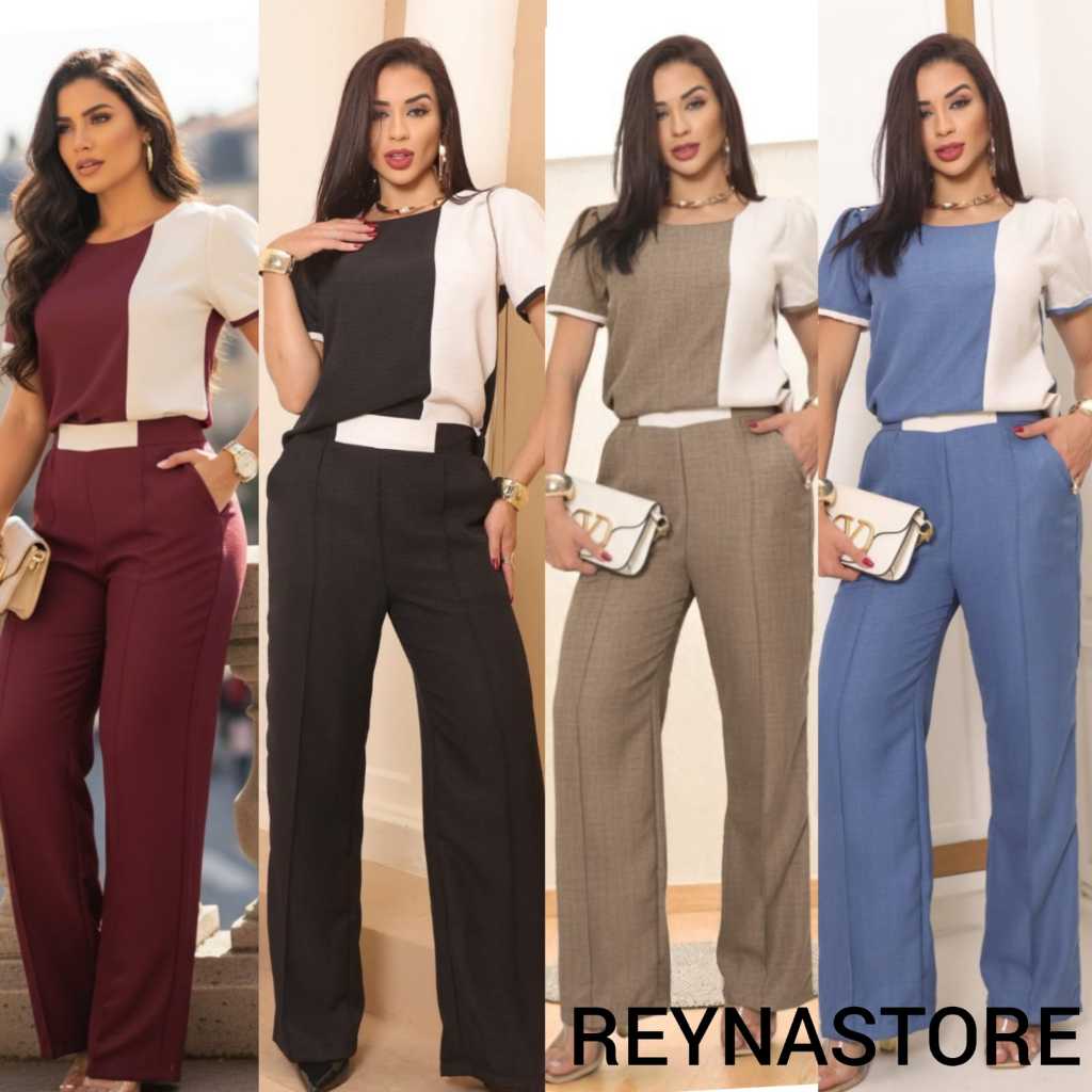 Conjunto feminino  Calça e Blusa  Elegante Confortável , Social e Festa, em (LINHO Milano melange ) em Oferta na Shopee