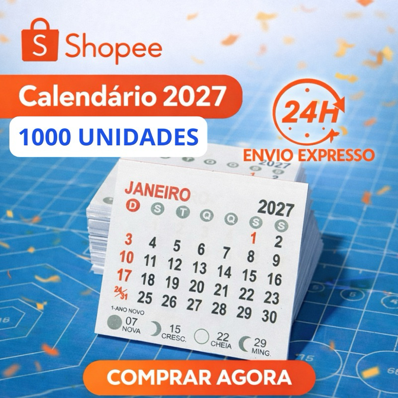 Mini Calendário 2027 | 1000 Unidades | 5x5 | Bloco Mini Calendário