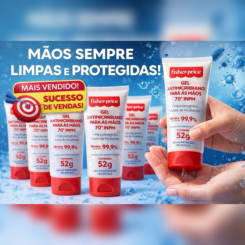 Gel Fisher Price antibacteriano higienizar 52gr Kit com 12 ou 24 unidades otimo para levar no carro,bolsa,mochila.