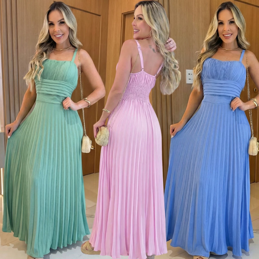 Vestido Feminino Longo Plissado Estiloso Luxo Elegante Para Festa Casamento Com Bojo Forro Alça Regulável Vestidos — imagem 1