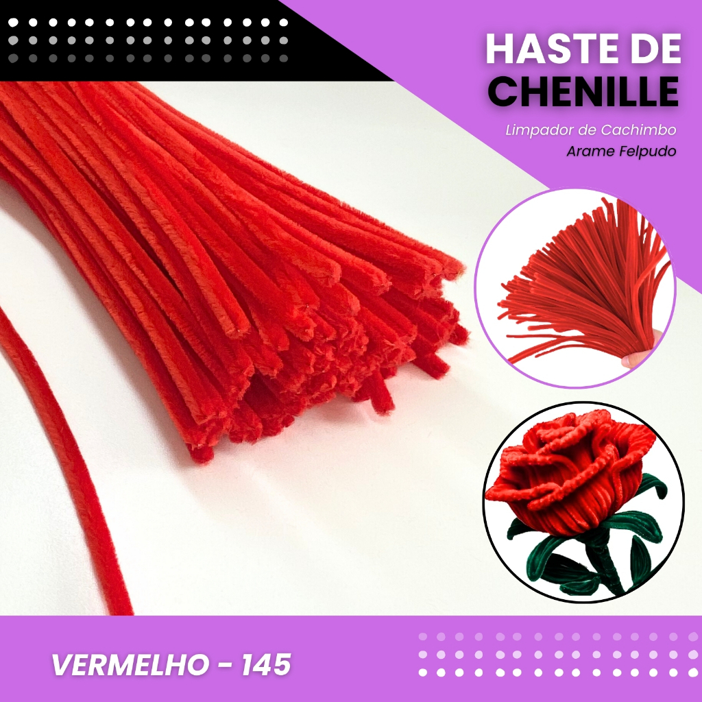 100 Haste de Chenille Limpador de Cachimbo Fios Artesanato 30cm COR:VERMELHO-145 em Oferta na Shopee