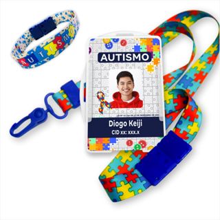 Kit Crachá Autista PERSONALIZADO + Cordão com Trava de Segurança + Porta Crachá + Pulseira PCD em Oferta na Shopee