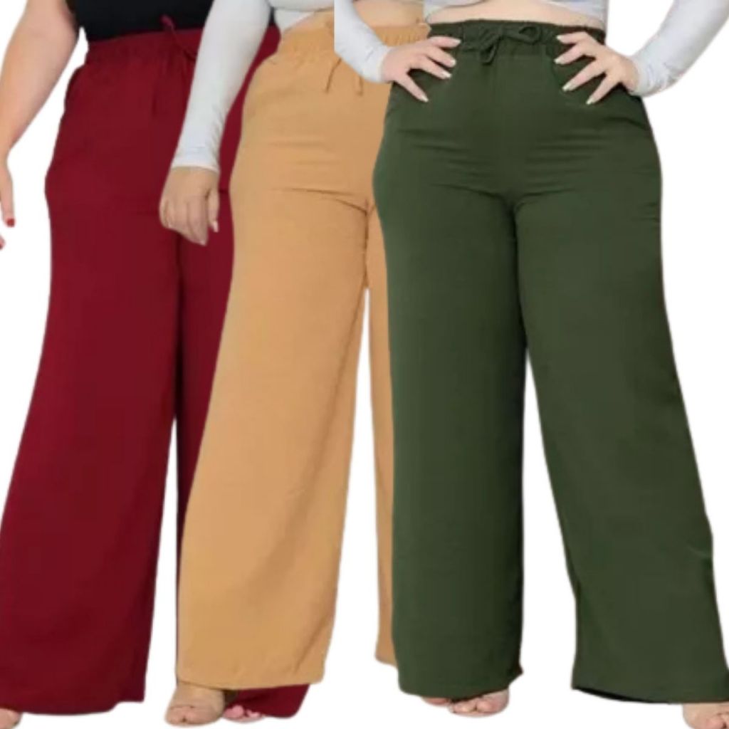 Kit com 3 Calça Pantalona Plus Size Feminina Com Elástico Na Cintura Com Bolso Cintura Alta Tecido Duna Linha Premium