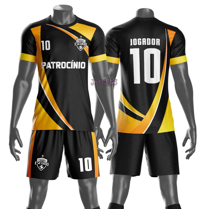 Uniforme jogador futebol amador esportivo camiseta e calção personalizavél nome número escudo mo 125