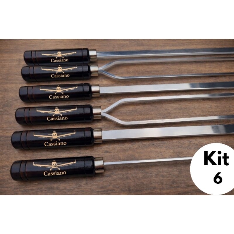Imagem Kit 6 Espetos Churrasco Profissional Alumínio 6 Peças Cabo Madeira Resistente