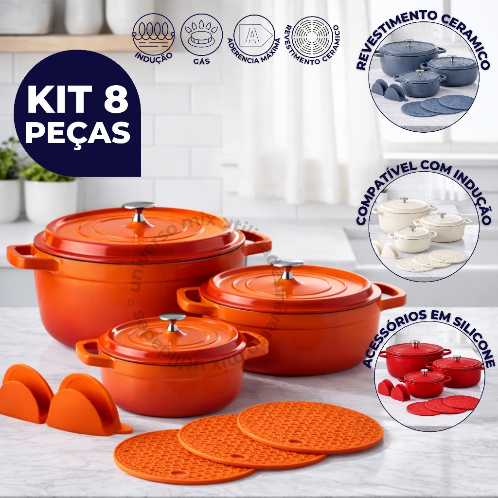 Conjunto Panelas 8 Peças Caçarolas Cerâmica Antiaderente Fogão à Gás e Indução