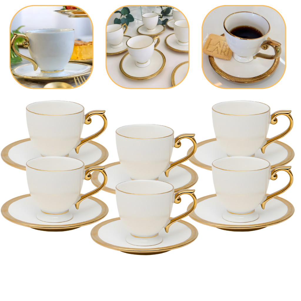 Conjunto 6 Xícaras Com Pires Porcelana Café 90ml Branca Com Borda Dourada Paddy Luxo Gourmet - Wolff em Oferta na Shopee