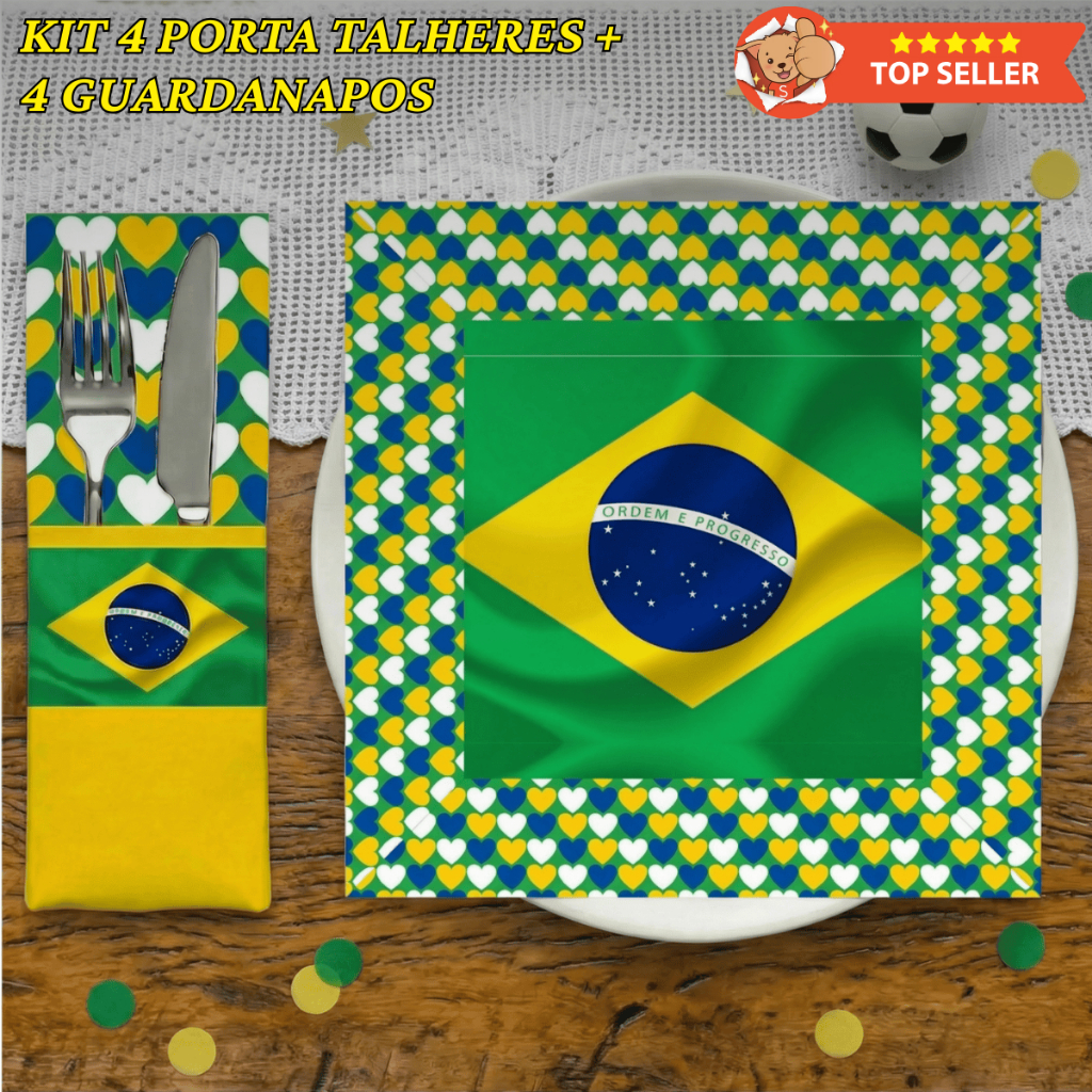 Kit 8 Peças 4 Guardanapos de Tecido + 4 Porta Talheres Copa do Mundo Brasil Futebol Mesa Posta