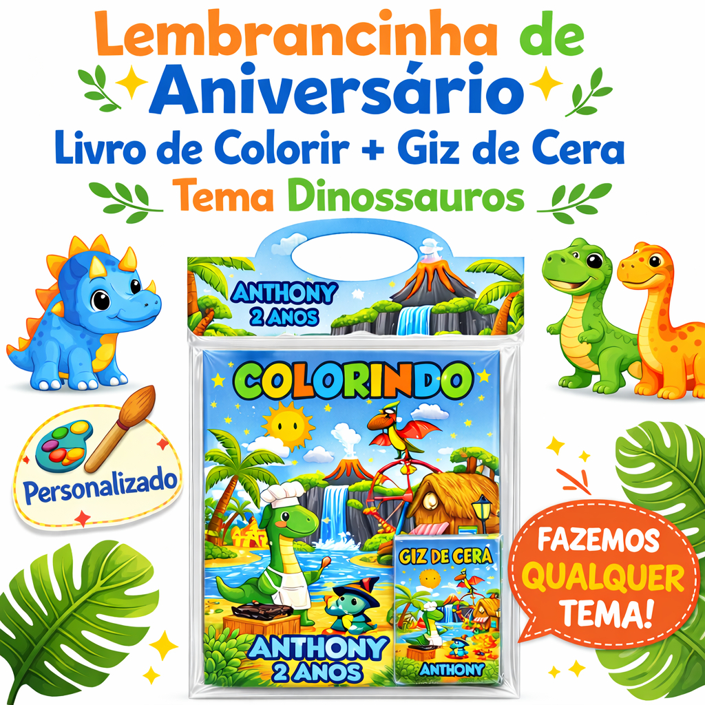 Kit Colorir Dinossauros Personalizado com Nome | Lembrancinha Infantil com Giz de Cera
