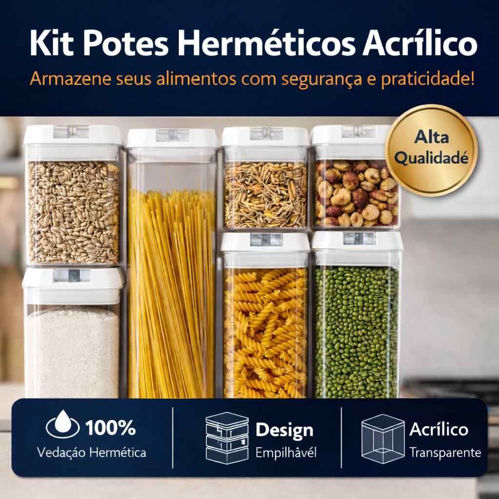 Kit Potes Hermeticos Acrilico 7 Pecas Organizador Cozinha Transparente Mantem Alimentos Frescos Despensa