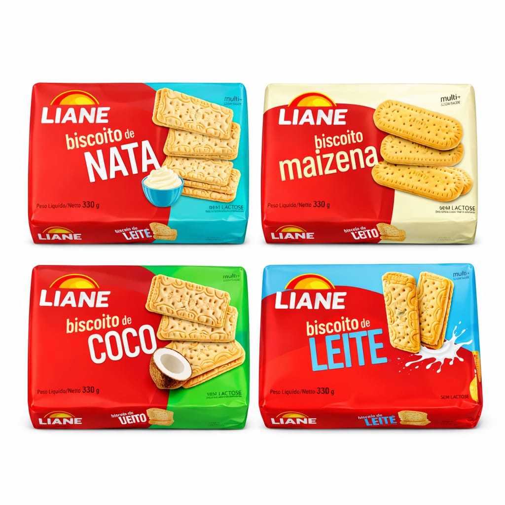 Kit 4 Pacotes de Bolacha Maizena, Leite, Coco e Nata - Sem Gordura Trans e Sem Lactose