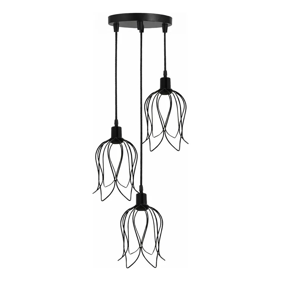 Pendente Triplo Lustre Luminária Aramado Tulipa Cabo Cristal 1 Metro