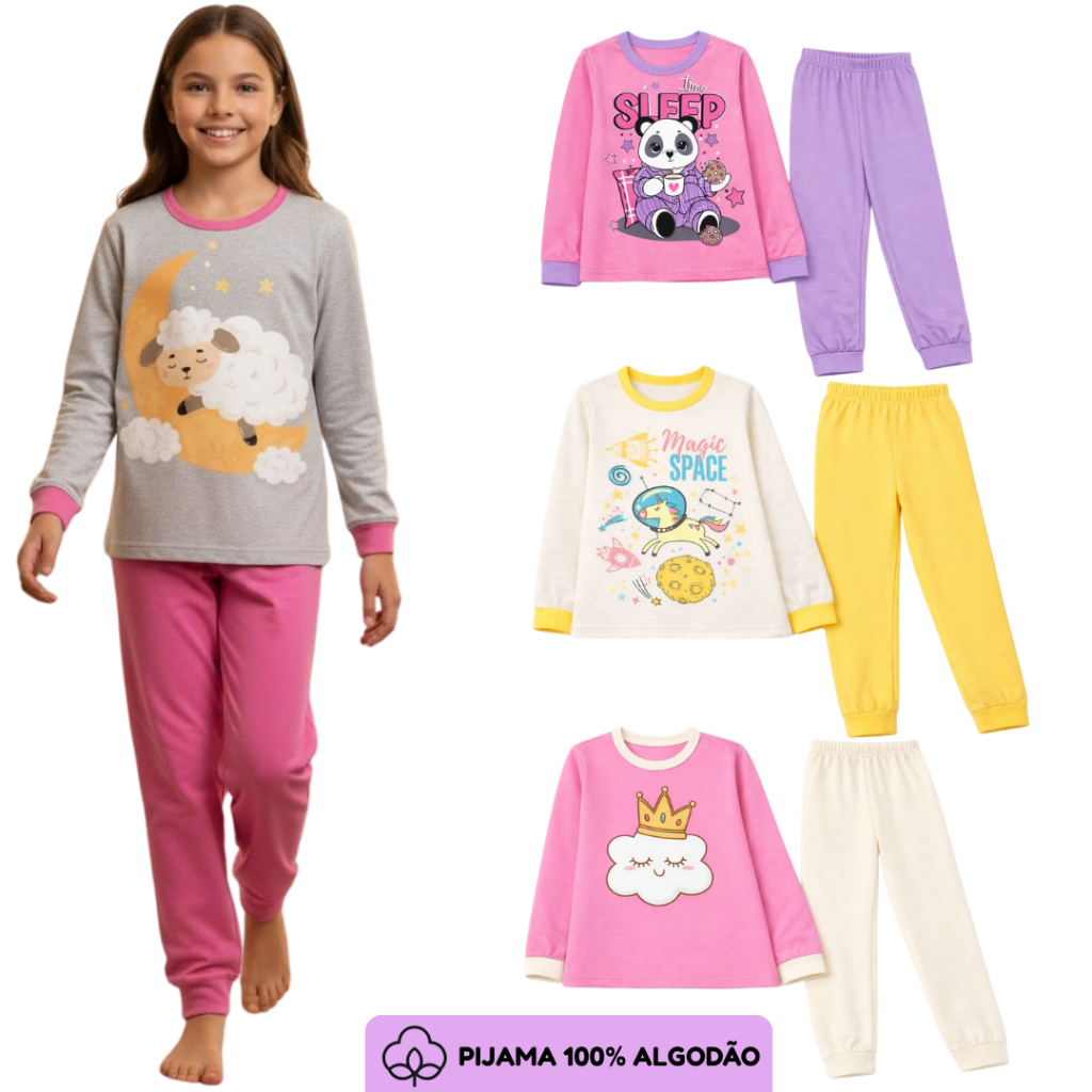 Kit Pijama Menina | Roupa Dormi 100% Algodão Inverno | Pijama Infantil 1 ao 14 anos