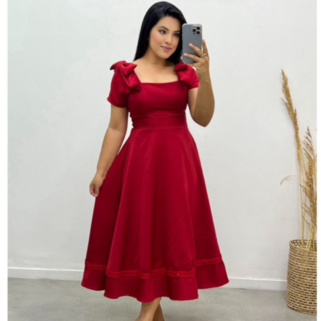Vestido Midi Feminino Rodado Elegante Manga Curta Festa Casual em Oferta na Shopee