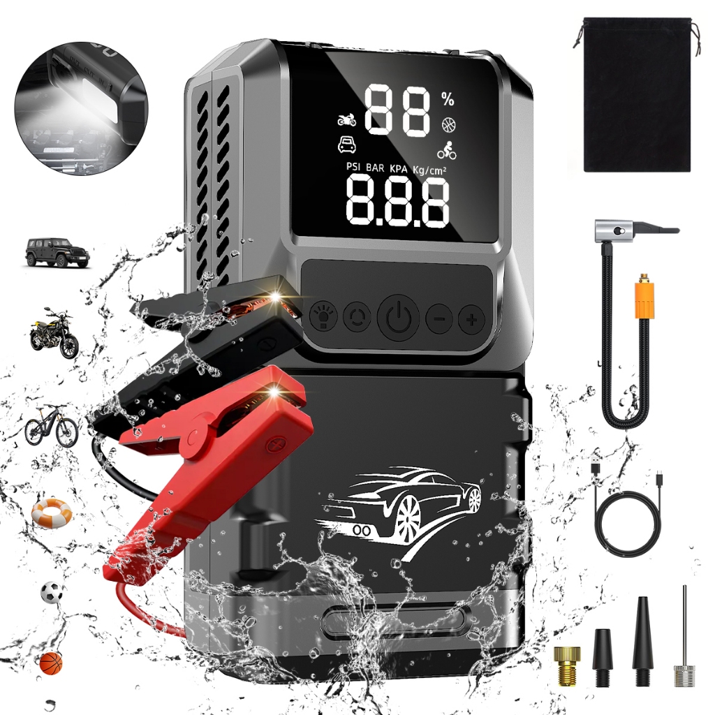 Auxiliar de Bateria com Compressor de Ar Portátil,150PSI, 26800mAh,Luz Emergência 600lm e LCD em Oferta na Shopee