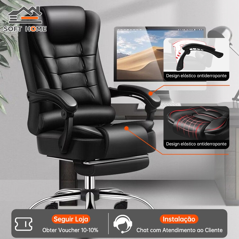 SOFTHOME Cadeira de Escritório Ergonômica Reclinável de Couro com Apoio para Pés e Rodas para Home Office