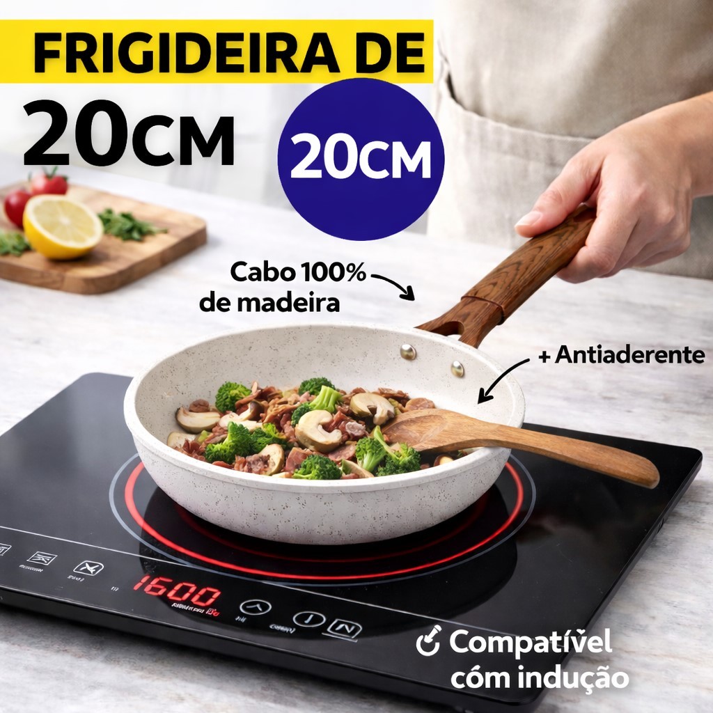 Frigideira Indução Branca e Preta Cerâmica Cabo Madeira Cozinha Frita Sem Óleo
