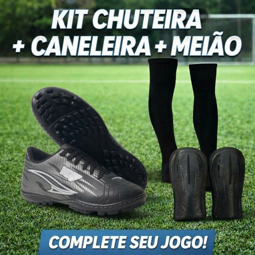 Kit Completo Futebol Society Chuteira Caneleira Meiao Conforto Alta Performance