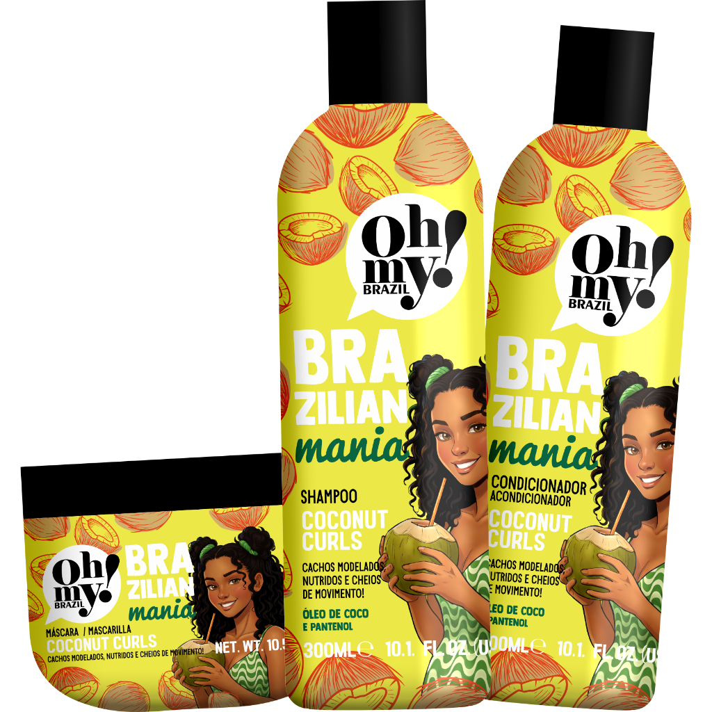 Kit Coconut Curls Brazilian Mania 300ml OhMy Shampoo, Condicionador e Mascara