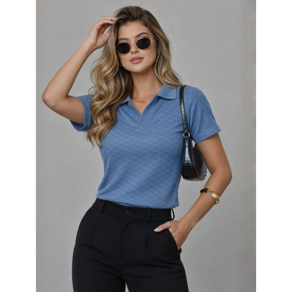 Camisa Camiseta Polo Feminina Tricot Sem Botão Social Casual Elegante