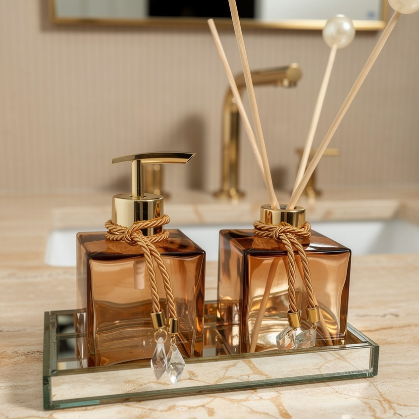 Kit Lavabo Completo Vidro Âmbar Dourado Saboneteira Difusor Bandeja Espelho Decorativo Premium Top