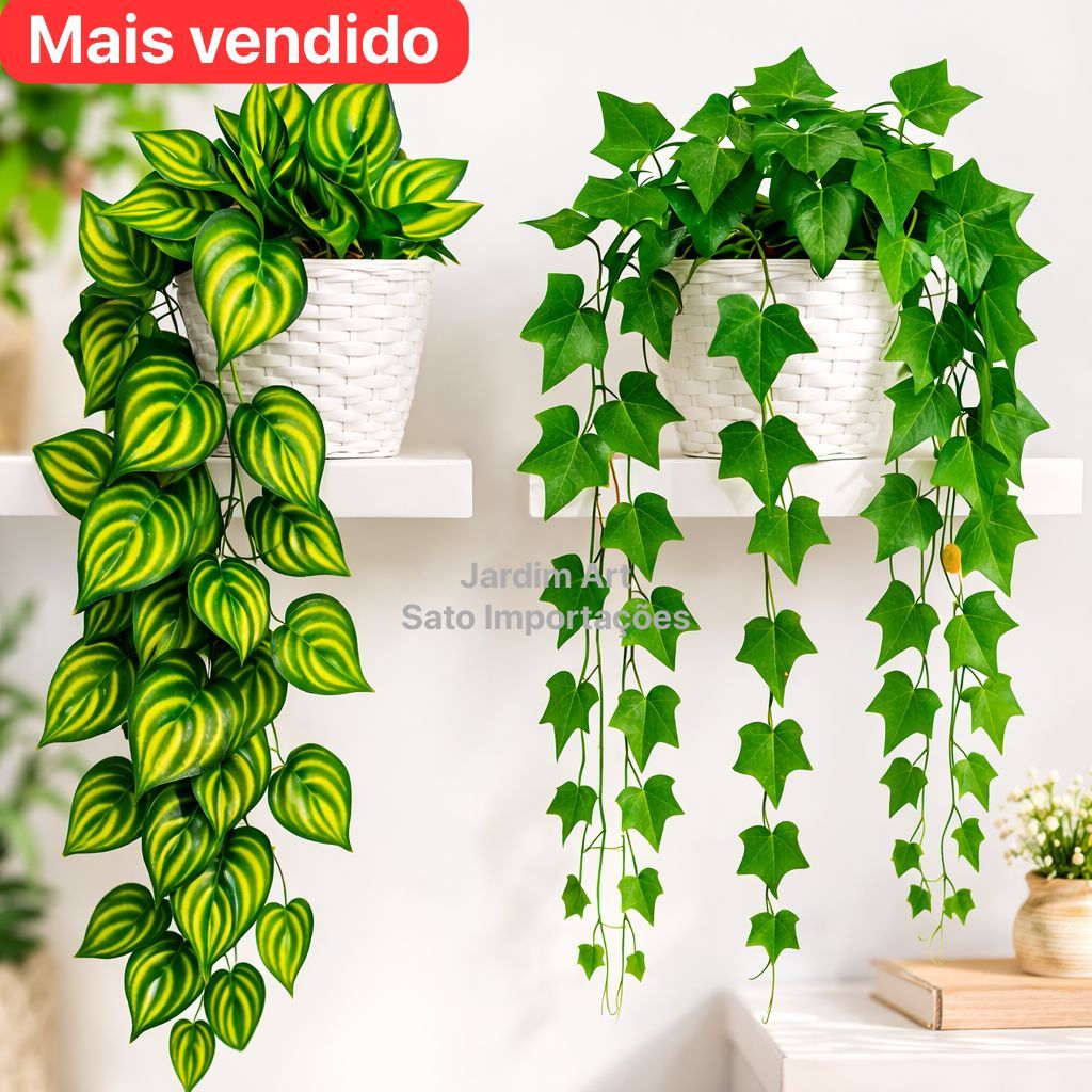 Arranjo Completo 1 Vaso Vime Trançado BRANCO + 1 Pendente Planta Pendurada Hera Ivy Verde PT11BRANCO